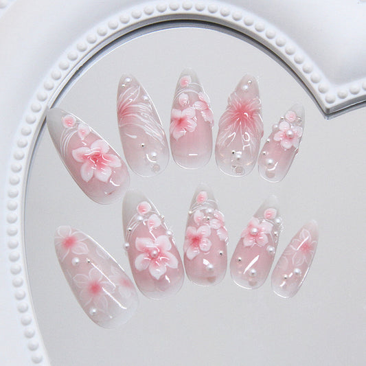 Blossom Paradise Long Almond Pink Elegant Floral Design Press On Nail Set