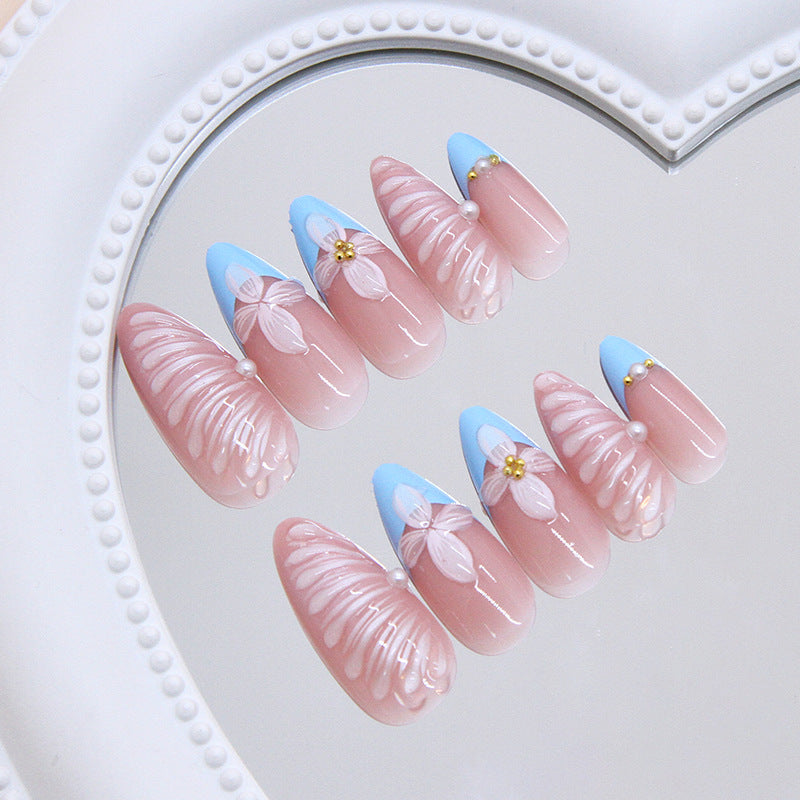 Dreamy Blossom Pink Long Almond Shape Pastel Blue Floral Accent Press-On Nail Set