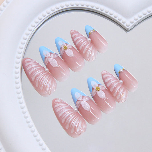 Dreamy Blossom Pink Long Almond Shape Pastel Blue Floral Accent Press-On Nail Set