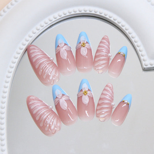 Whimsical Floral Fantasy Long Almond Pink and Blue Press on Nail Set with Textured Details and Gem Accents
