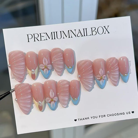 Charming Blossom Inspired Long Almond Shaped Pink and Blue Press On Nail Set with Floral Accents
