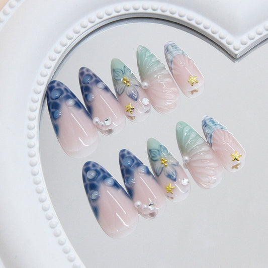 Whimsical Ocean Dream Long Almond Blue and Green Floral with Gem Accents Press On Nail Set