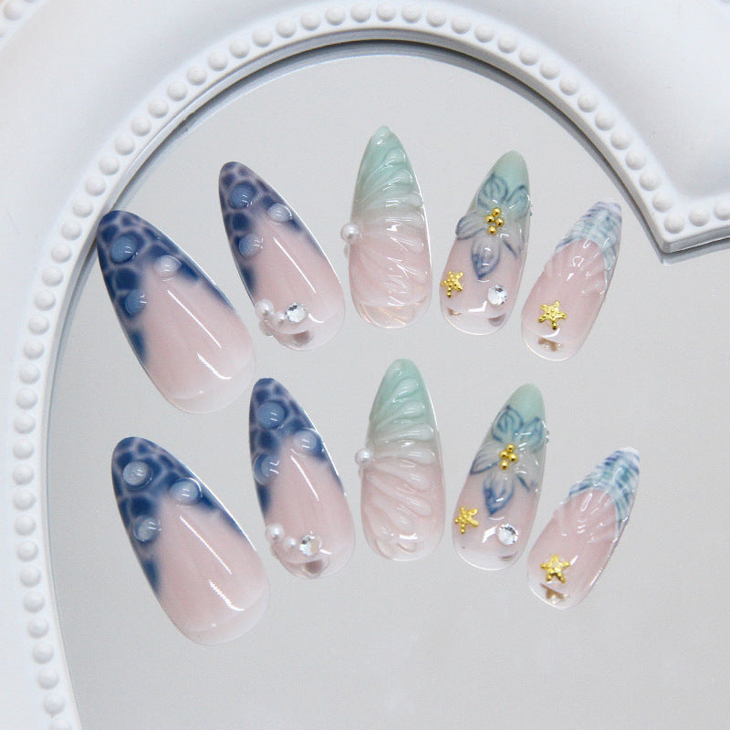 Ocean Breeze Long Almond Press-On Nail Set in Soft Pastel Green and Blue with Floral and Gemstone Accents