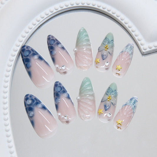 Ocean Breeze Long Almond Press-On Nail Set in Soft Pastel Green and Blue with Floral and Gemstone Accents