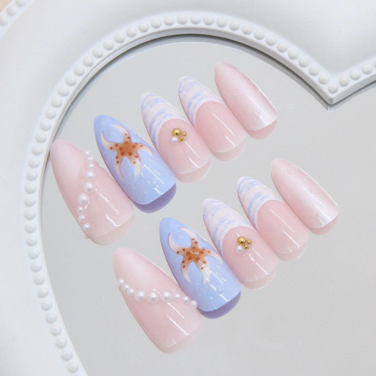 Underwater Fantasy Long Almond Pink and Blue Gradient with Starfish and Pearl Accents Press On Nail Set