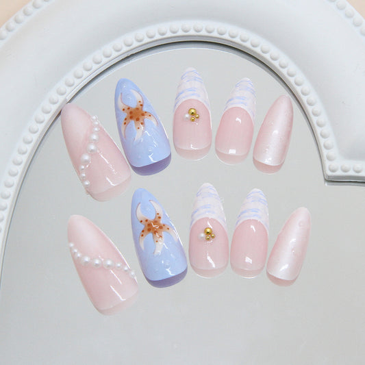 Oceanic Dream Long Almond Pastel Pink and Blue Press on Nail Set with Seashell and Starfish Accents