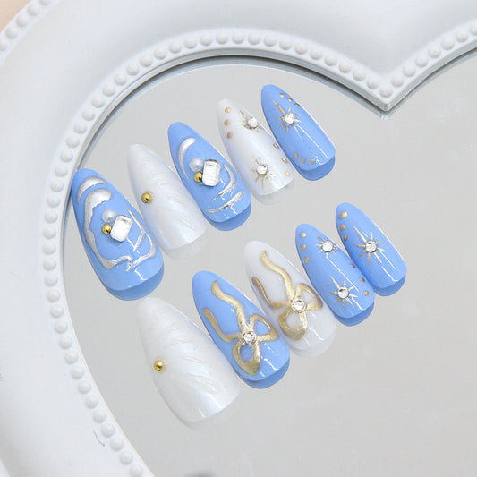 Celestial Dreamscape Long Almond Blue and White Nail Set with Elegant Gold Accents