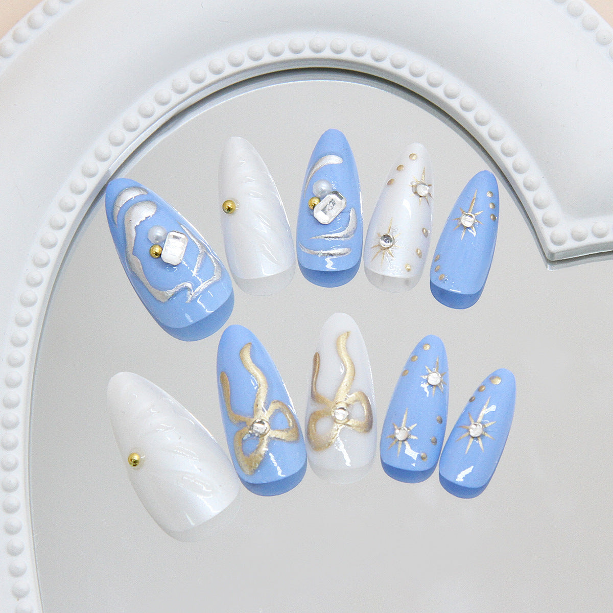 Ocean Breeze Delight Long Almond Blue and White Press on Nail Set with Elegant Gold Accents
