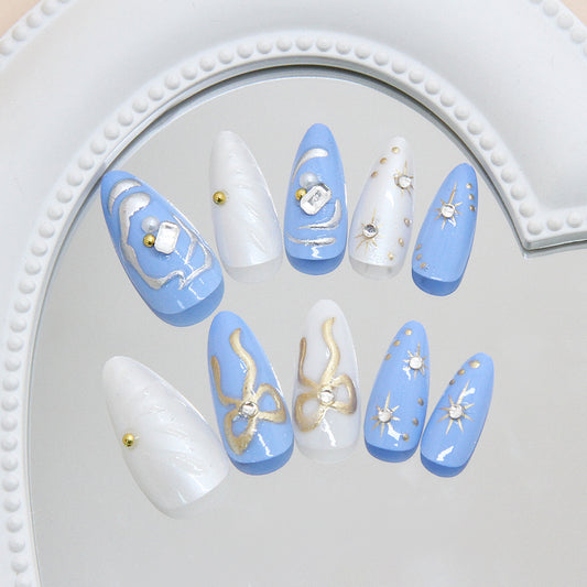 Ocean Breeze Delight Long Almond Blue and White Press on Nail Set with Elegant Gold Accents