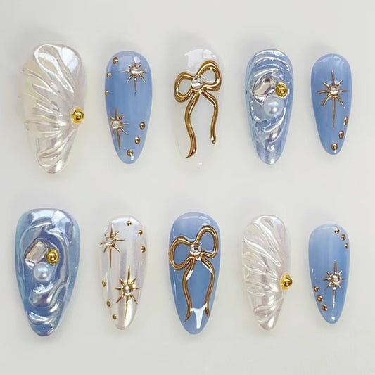Serene Ocean Wave Long Almond Shape Blue Press-On Nail Set with Pearl and Gold Accents