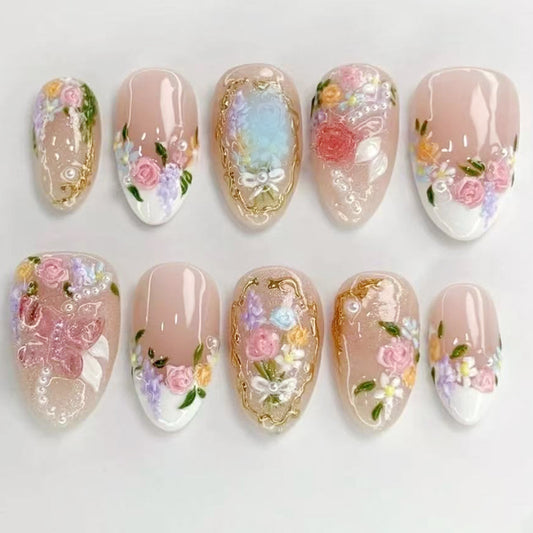 Enchanted Garden Medium Almond Pink Floral Press on Nail Set with Shimmering Pearl Accents