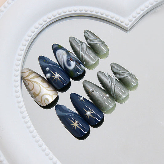Galactic Elegance Long Almond Navy Green and Silver with Stunning Star Accents Press on Nail Set