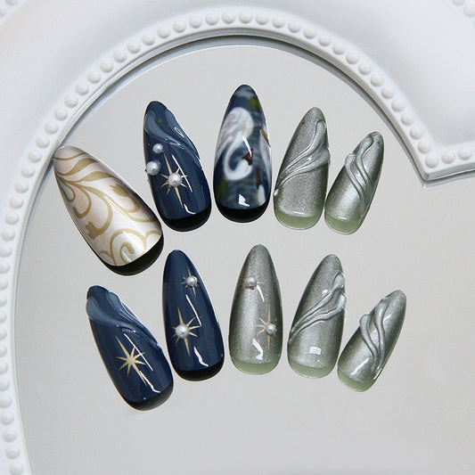 Celestial Dreams Glamorous Long Almond Navy and Silver Metallic Press-On Nail Set with Elegant Pearl Accents