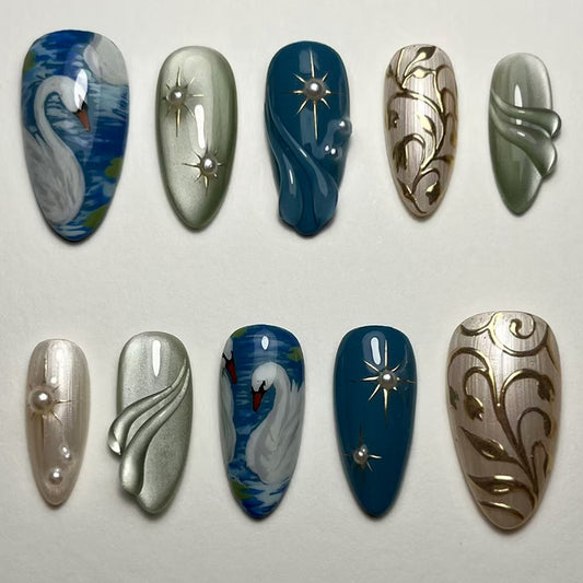 Elegant Swan Dance Long Almond Shaped Multi-Colored Press On Nail Set with Pearlescent and Artistic Designs