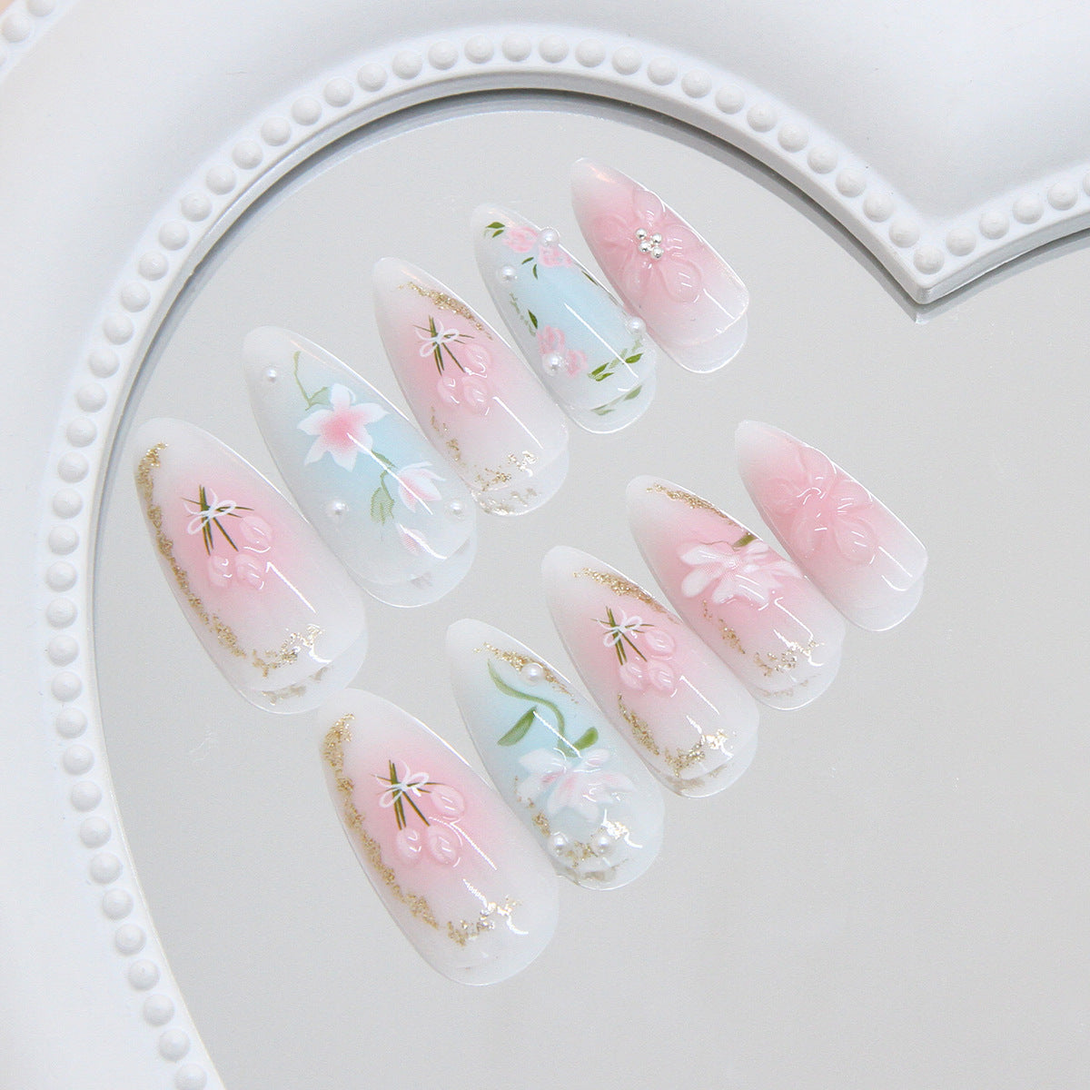 Floral Dream Long Almond Pink and Blue Press On Nail Set with Elegant Floral Designs