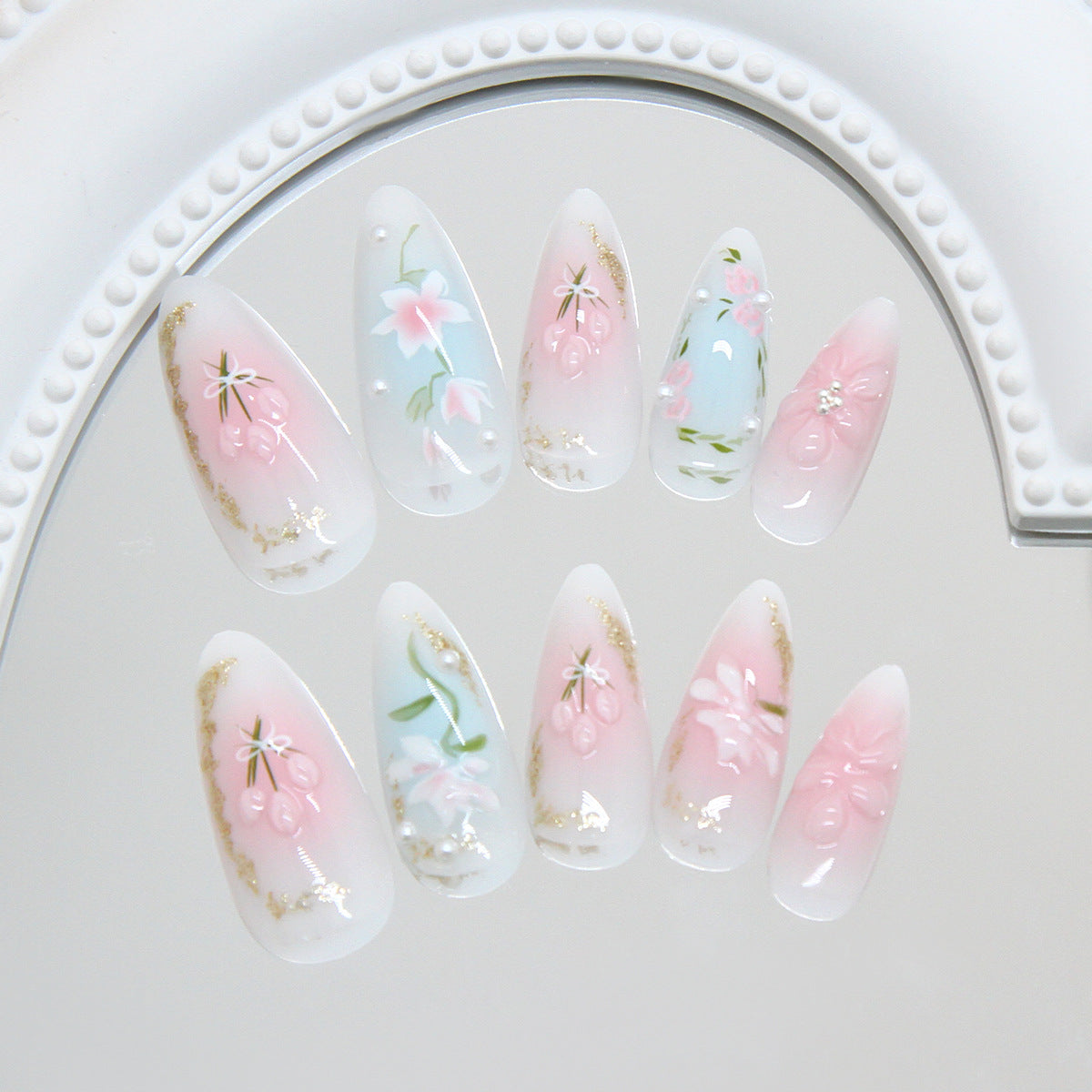 Blossom Garden Long Almond Pastel Pink with Floral and Gold Accents Press-On Nail Set