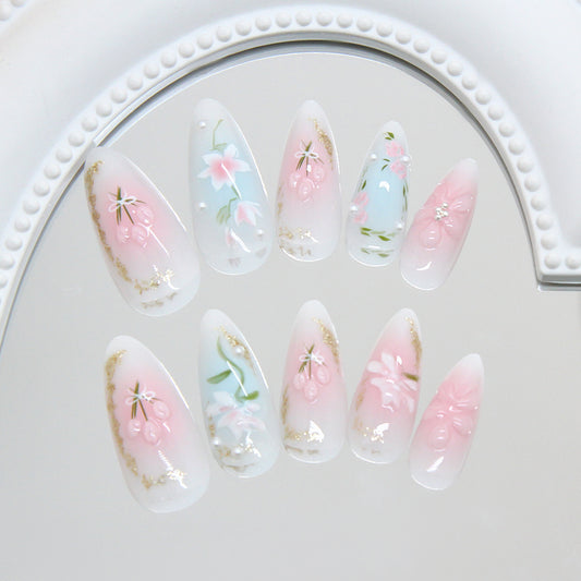Blossom Garden Long Almond Pastel Pink with Floral and Gold Accents Press-On Nail Set
