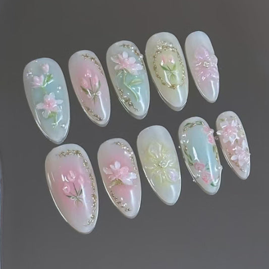 Floral Fantasy Long Almond Shaped Translucent Pastel Press On Nail Set with Embellished Flower Designs