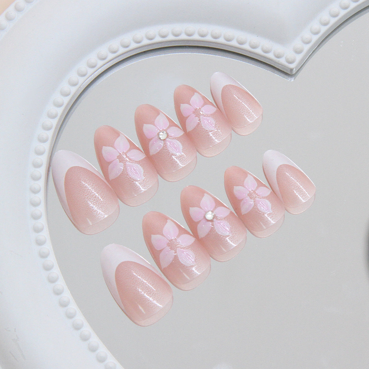 Blossoming Elegance Medium Almond Pink Gradient Press on Nail Set with Floral Accents