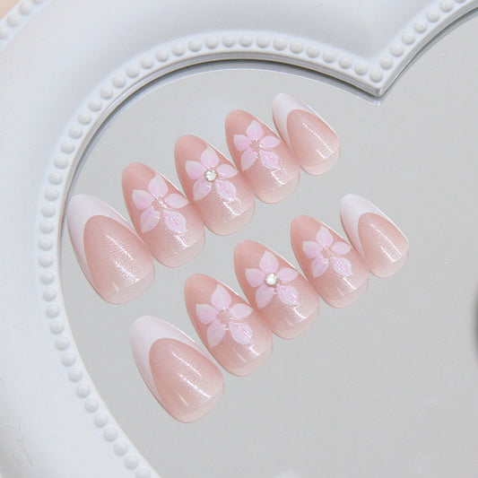 Blossoming Elegance Medium Almond Pink Gradient Press on Nail Set with Floral Accents