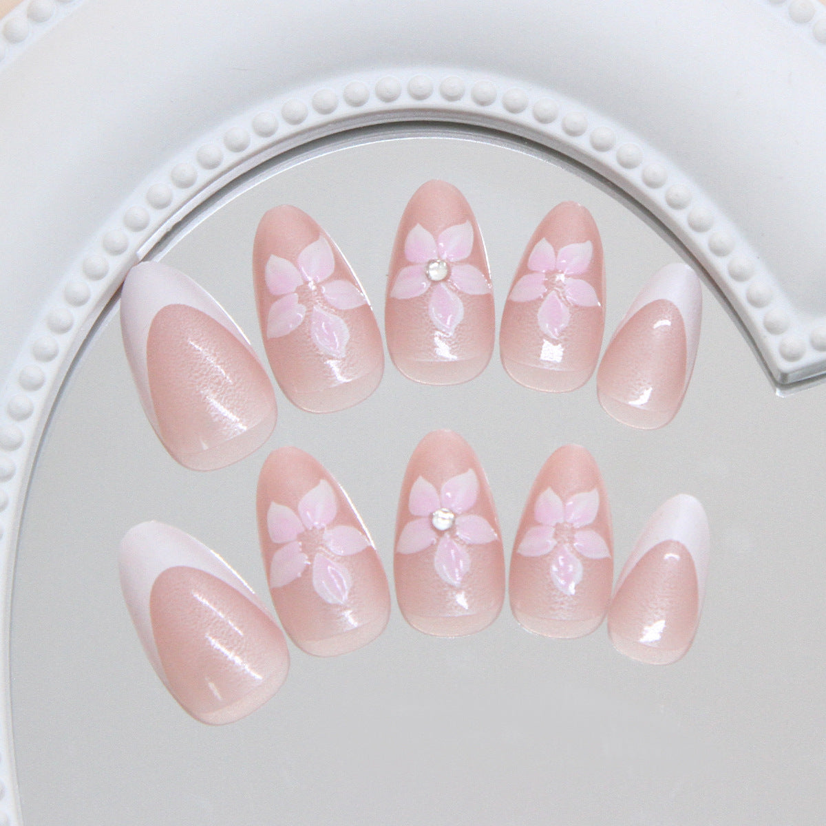 Blossoming Elegance Medium Almond Pink Press On Nail Set with Floral Accents