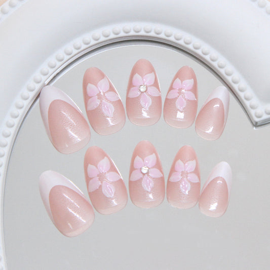 Blossoming Elegance Medium Almond Pink Press On Nail Set with Floral Accents