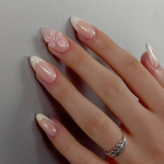 Floral Fantasy Elegant Medium Almond Shaped Pink and White Press On Nail Set with Flower Accent