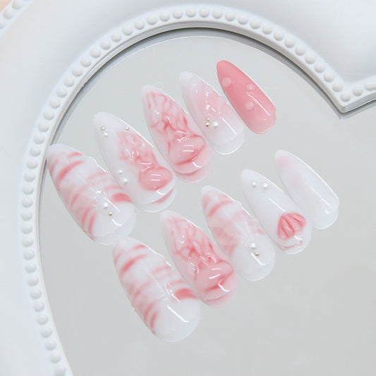 Romantic Whimsy Long Almond Shaped Pink and White Marble Press on Nail Set with Delicate Pearl Accents