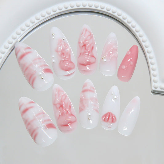 Whimsical Blush Heart Shaped Long Almond Pink Marble Effect Press On Nail Set with Pearls