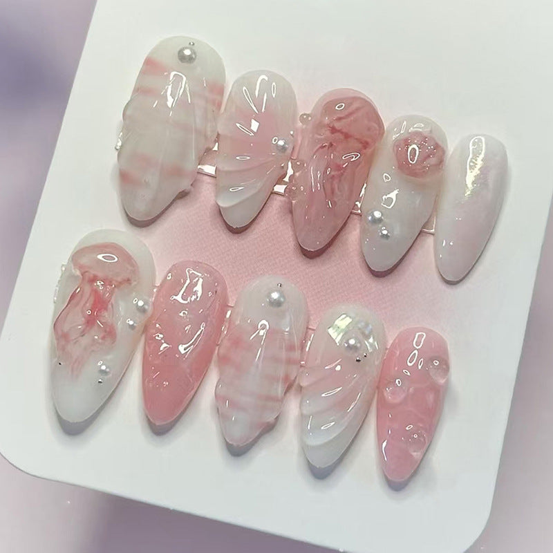 Celestial Blossom Long Almond Pink and White Marble Press-On Nail Set with Pearl Accents