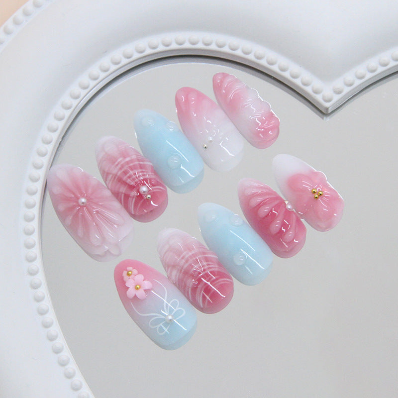 Whimsical Floral Fantasy Long Almond Pink and Blue Nail Set with Pearl Accent