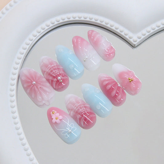 Whimsical Floral Fantasy Long Almond Pink and Blue Nail Set with Pearl Accent