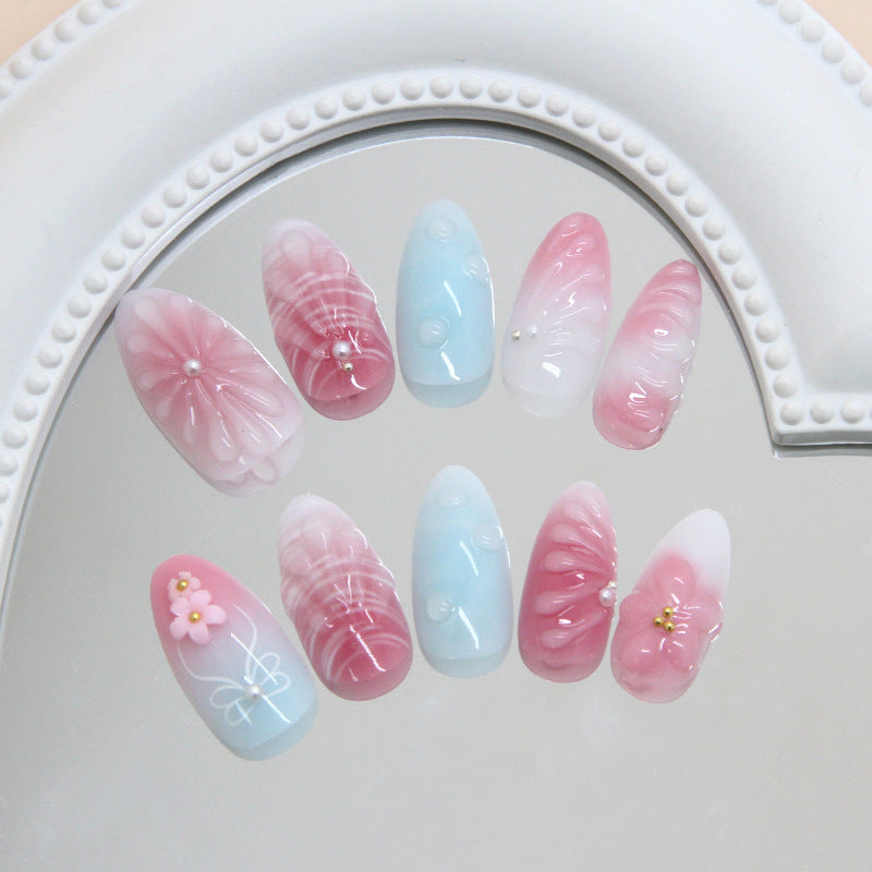 Whimsical Dreamy Long Almond Pink and Blue Gradient Nail Set with Charming Floral Accents and Pearl Details