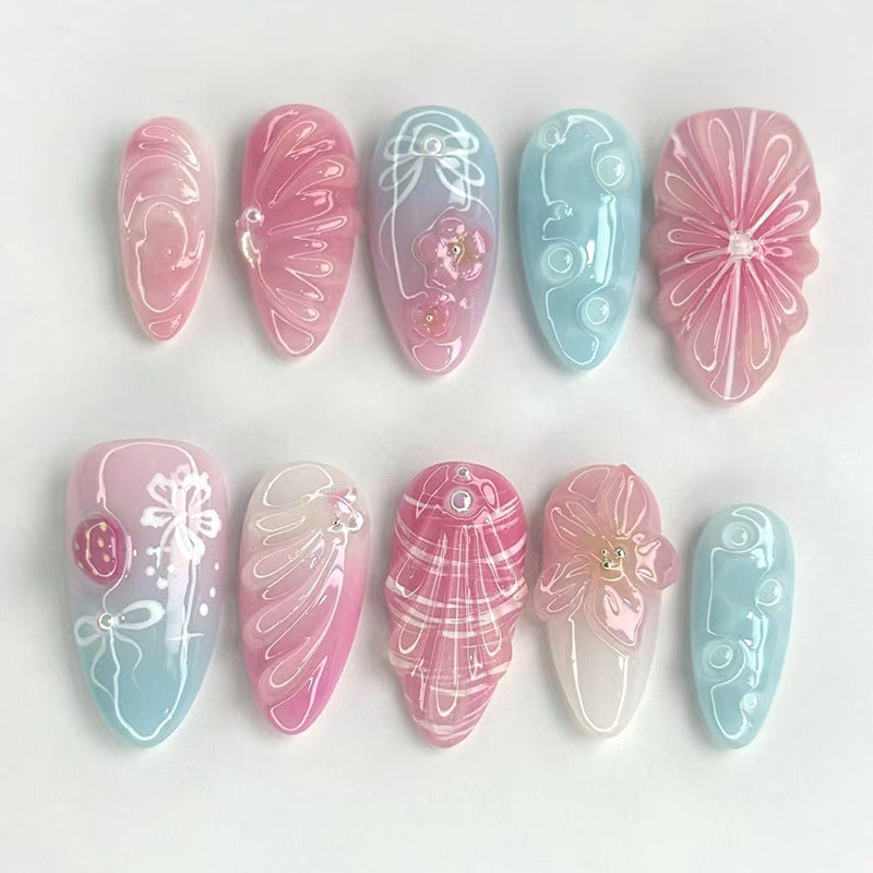 Blossoming Elegance Long Almond Pink and Blue Press-On Nail Set with Artistic Floral Designs