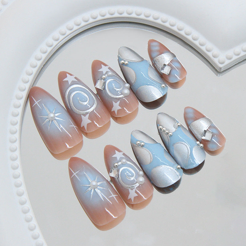 Celestial Dream Long Almond Blue and Beige Press-On Nail Set with Shimmering Pearl Accents