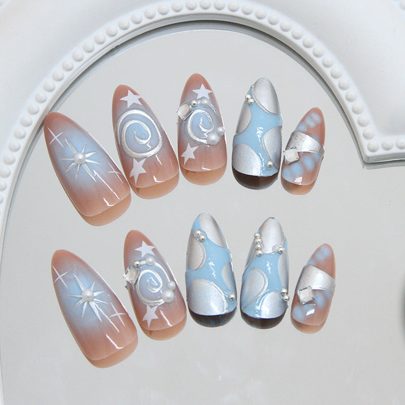 Celestial Dream Long Almond Blue with Silver Accents and Pearl Details Press on Nail Set