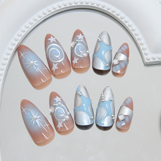 Celestial Dream Long Almond Blue with Silver Accents and Pearl Details Press on Nail Set