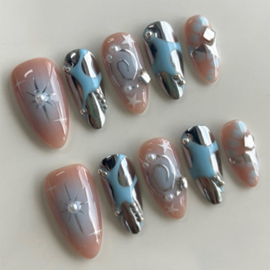 Celestial Dreams Long Almond Shaped Soft Pink and Sky Blue Nail Set with Metallic Accents