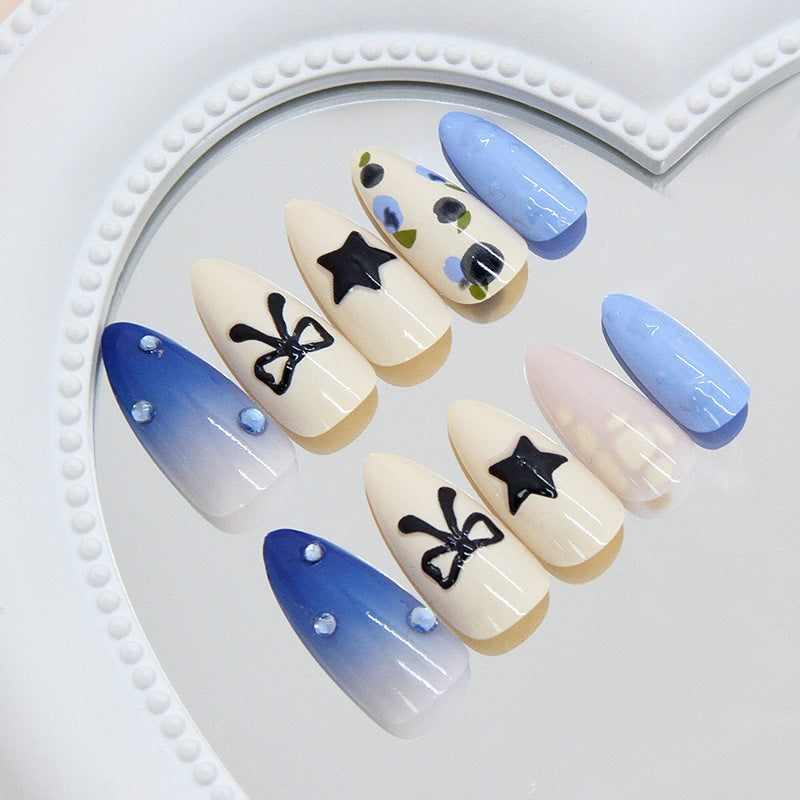 Charming Ocean Dream Long Almond Blue Ombre Press-On Nail Set with Unique Star and Bow Designs