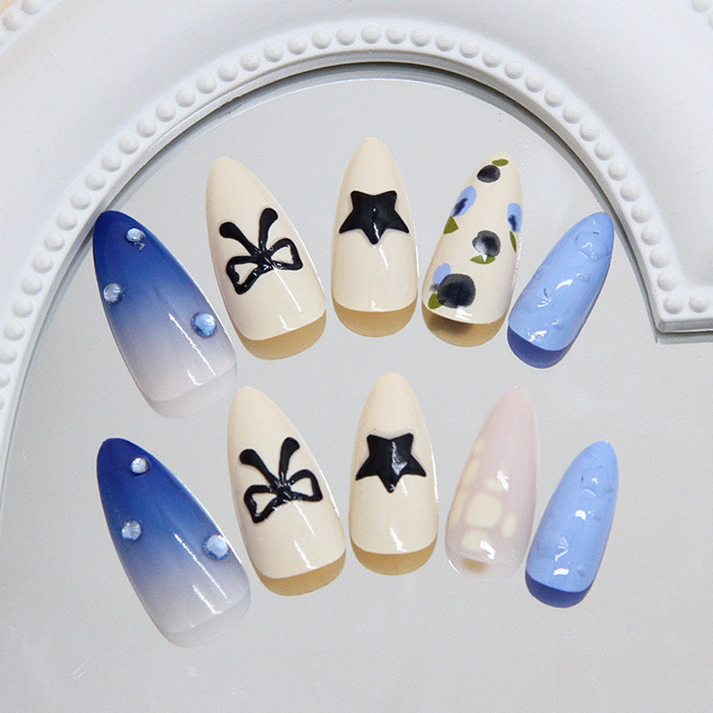 Dreamy Ocean Vibes Long Almond Ombre Blue Elegant Floral Design Press On Nail Set