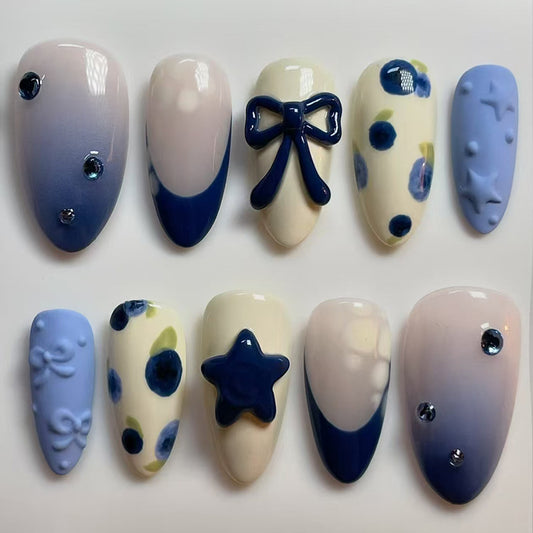 Celestial Charm Long Almond Blue and Cream Gradient Press-On Nail Set with Bow and Star Accents