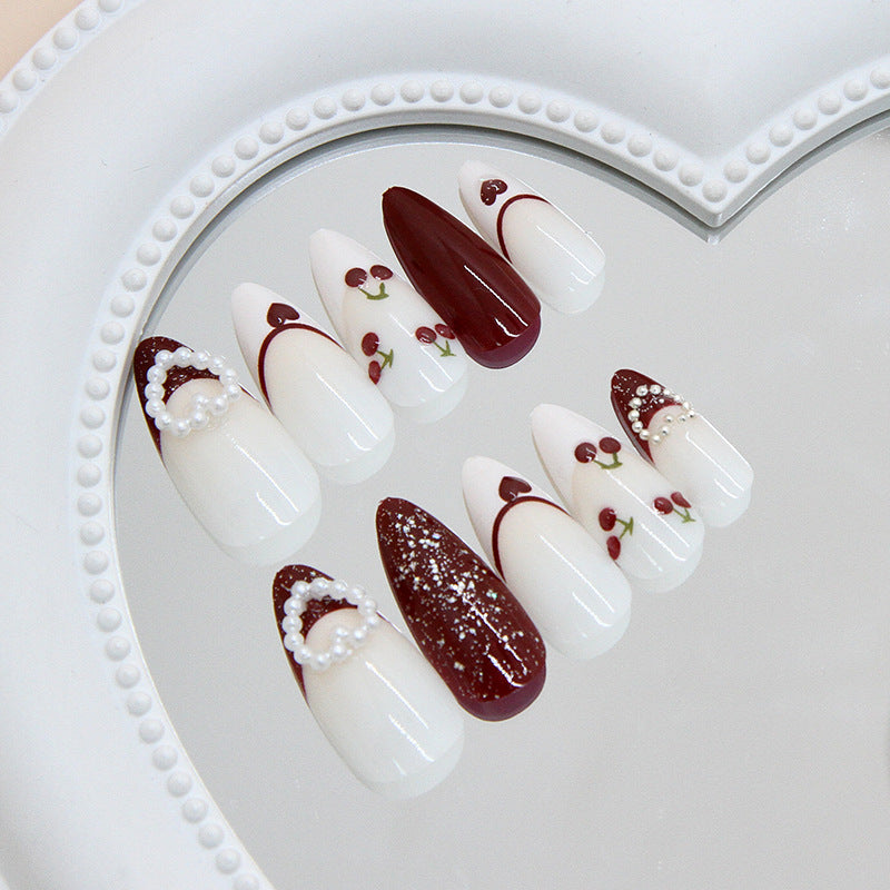 Charming Cherry Blossom Long Almond Shape White and Burgundy Press On Nail Set with Elegant Pearl Accents