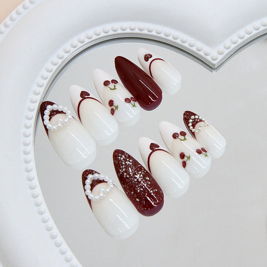 Charming Cherry Blossom Long Almond Shape White and Burgundy Press On Nail Set with Elegant Pearl Accents