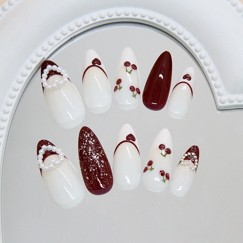Cherry Blossom Elegance Long Almond Shaped White and Burgundy Press On Nail Set with Pearl and Floral Accents