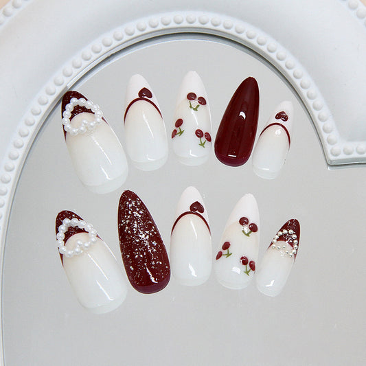 Cherry Blossom Elegance Long Almond Shaped White and Burgundy Press On Nail Set with Pearl and Floral Accents