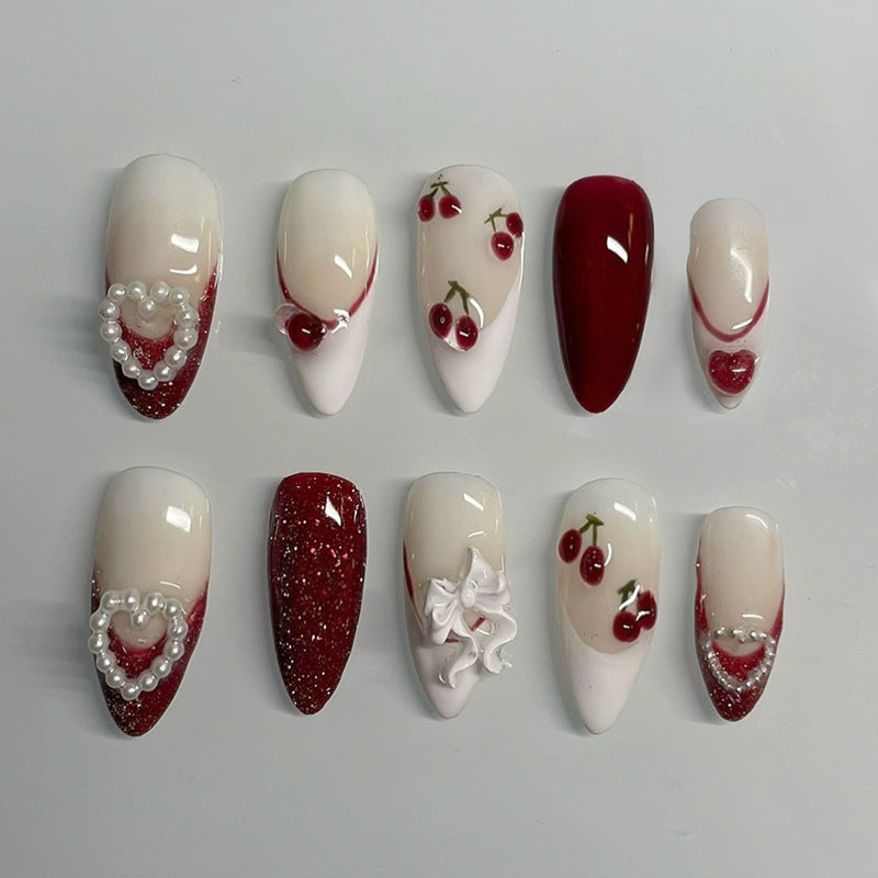 Cherry Blossom Dream Press On Nail Set Long Almond Shape Red and White Color with Pearl and Glitter Accents