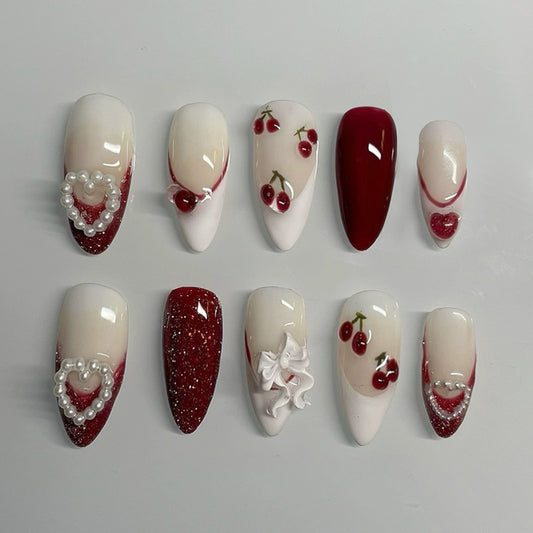 Cherry Blossom Dream Press On Nail Set Long Almond Shape Red and White Color with Pearl and Glitter Accents