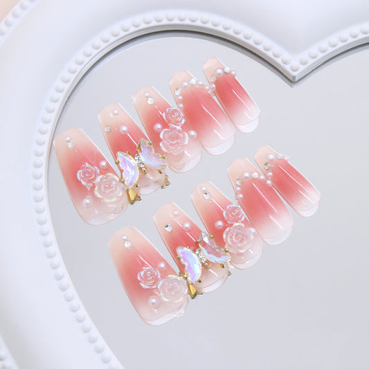 Enchanted Garden Long Coffin Pink Ombre Press on Nail Set with Floral and Butterfly Accents