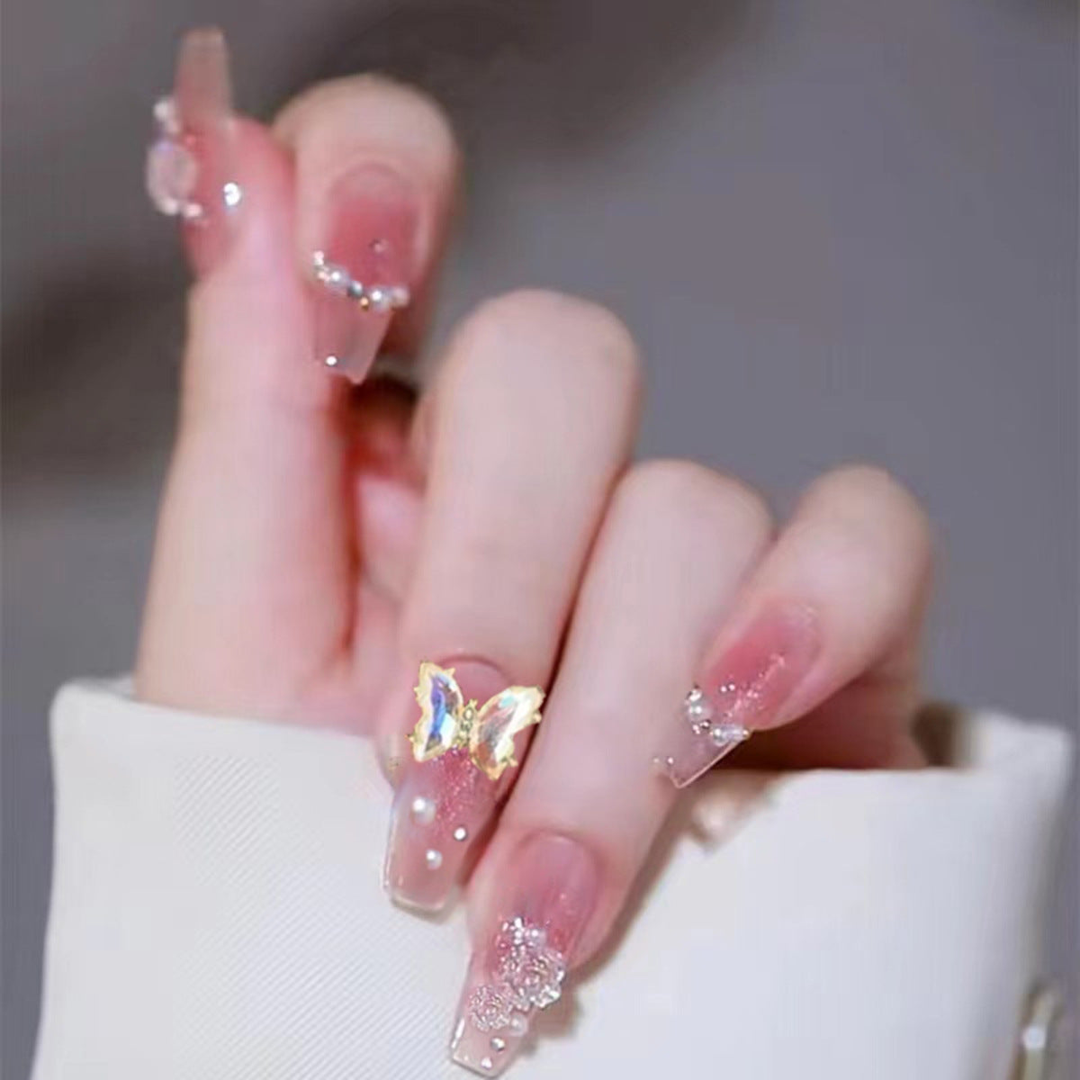 Whimsical Elegance Long Coffin Pink Glitter Press On Nail Set with Butterfly Accent