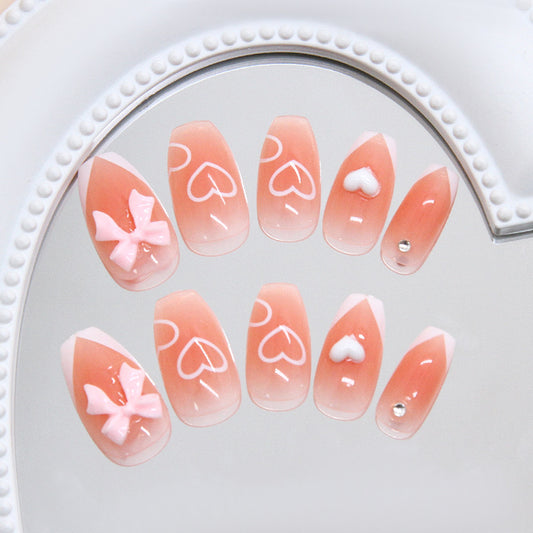 Whimsical Charm Lengthy Medium Coffin Pink Gradient Press On Nail Set with Adorable Butterfly and Heart Designs